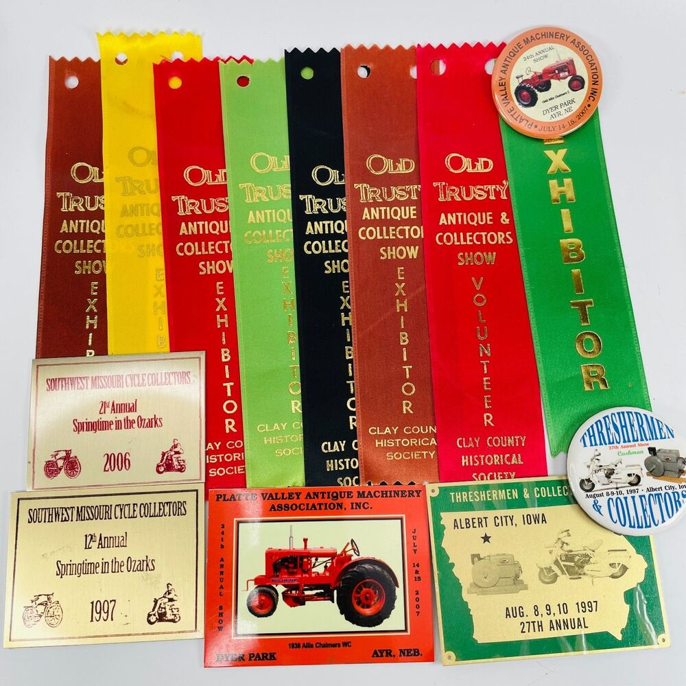 Antique Tractor Gas Engine Show Brass Mini Plaque Ribbons Buttons Old Trusty Lot
